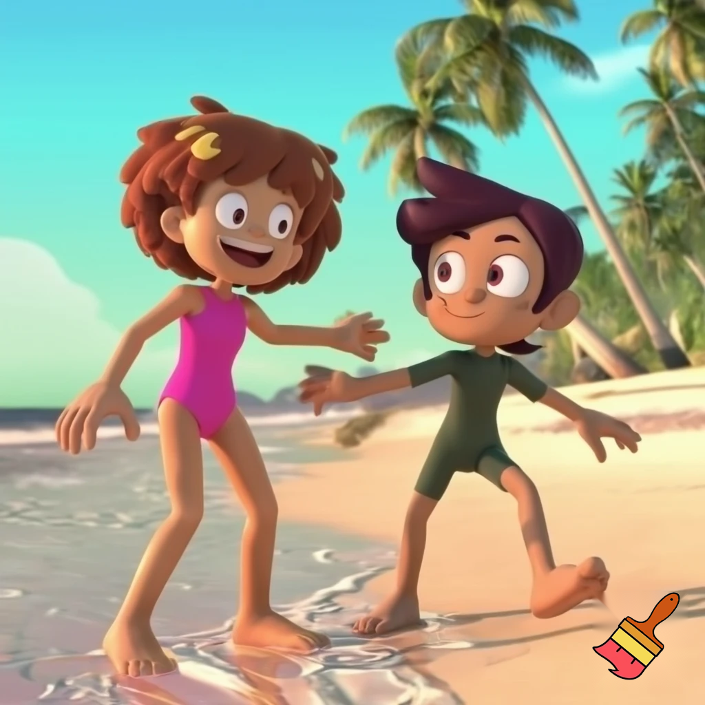 Anne boochuy from disney's amphibia wearing pink one piece swimsuit and luz noceda from disney's the owl house wearing dark green one piece swimsuit on the beach being barefoot in 3D 