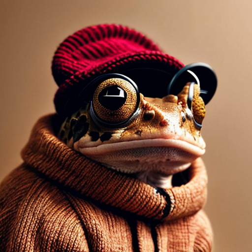 A laughable, puzzled animal toad in woolen, multicoloured winter clothings and with cap. Hyperrealistic style.