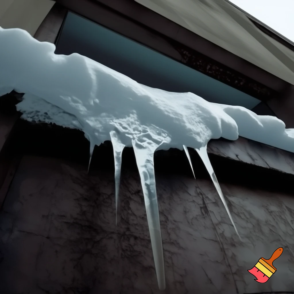 Create a realistic image looking up at a metal window ledge that protrudes slightly from a building facade.  On the ledge is an ice sheet that has formed from snowfall which has partially slid forward and is about to fall.