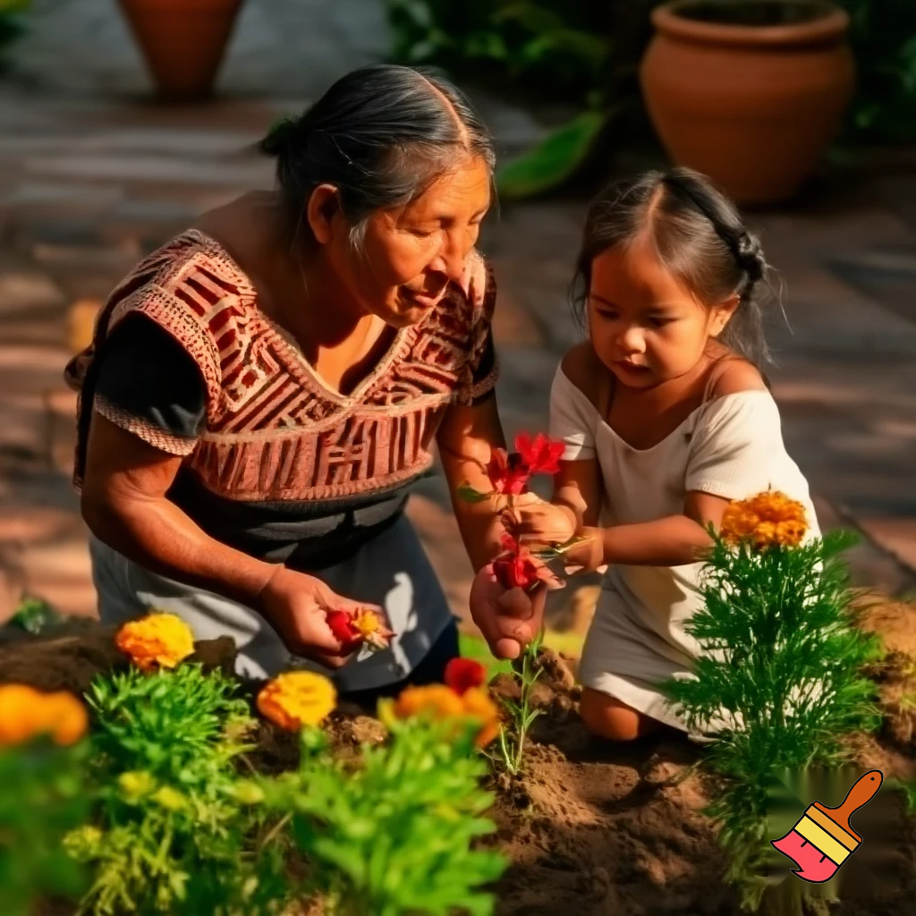 Anient Aztec mother and daughter picking flowers from a garden