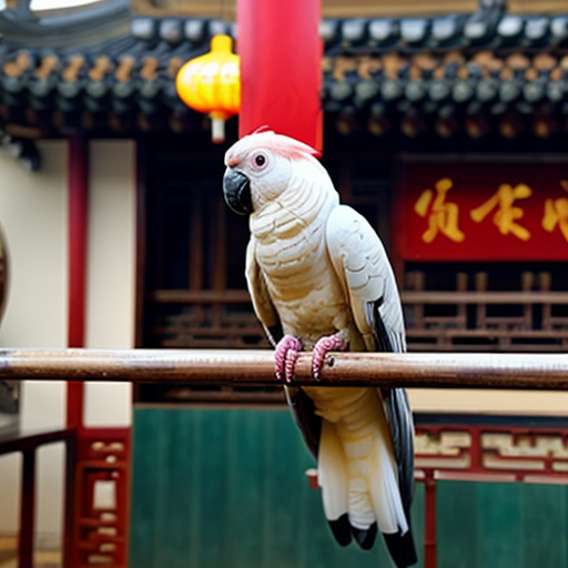 a cockatoo perching on a floating Chinese restaurant
