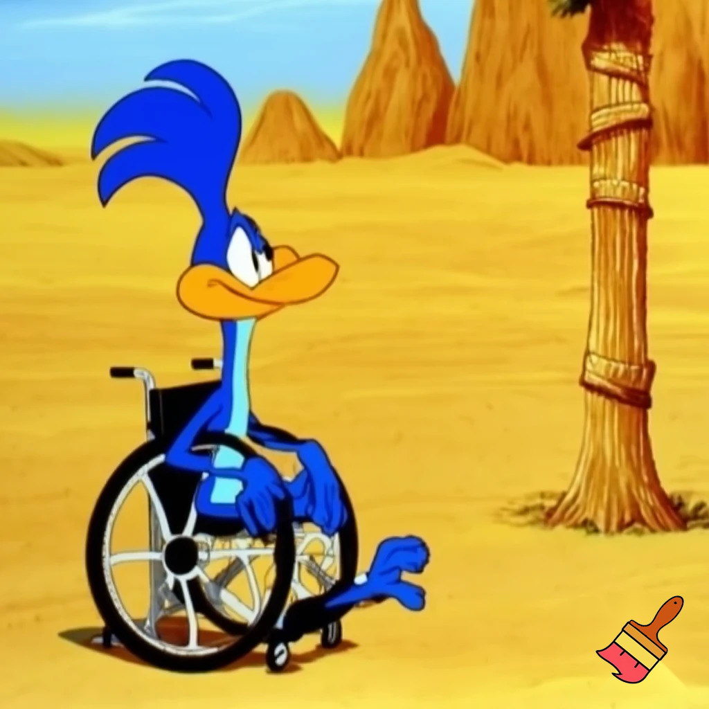 The Road Runner, in the classic Merrie Melodies style, in a wheelchair facing stage right, in a typical desert scene.