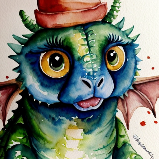 A big red baby dragon with blue large eyes and a green hat
