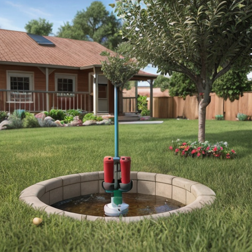 Draw a picture consisting of two parts: an underground part and an above-ground part separated by a lawn line. Under the lawn, there should be soil and a well casing in cross-section (schematic image), with clear, clean water in the well, and a centrifugal well pump suspended on a cable, with the pump submerged in the water and supplying water up a pipe connected to the pump. In the upper part of the image, there is a neat well head above the well, with a small, barely visible pipe leading to a small, cozy, modern-style country house with a gable roof and a terrace. In front of the house, there is a neatly trimmed green lawn, with 3-4 fruit trees (apple trees with light foliage and small fruits) nearby. On the lawn, there is an automatic watering device (sprinkler) in operation.