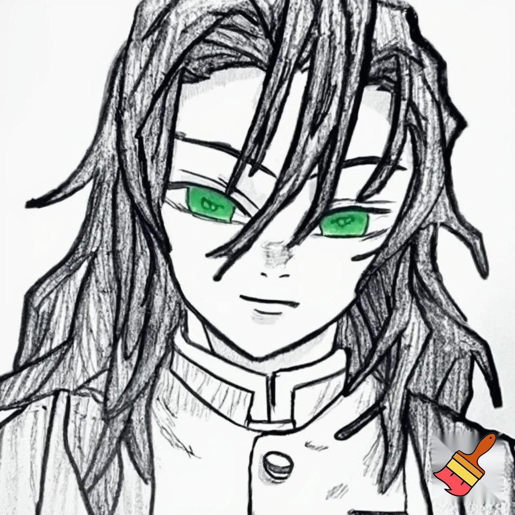 original demon slayer character, male, long hair, green eyes, sketched