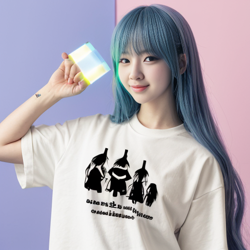 an anime girl holding a bts lightstick and has neni written on her shirt
