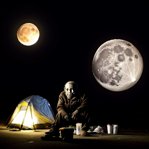 Homeless monster man with glowing moon for head