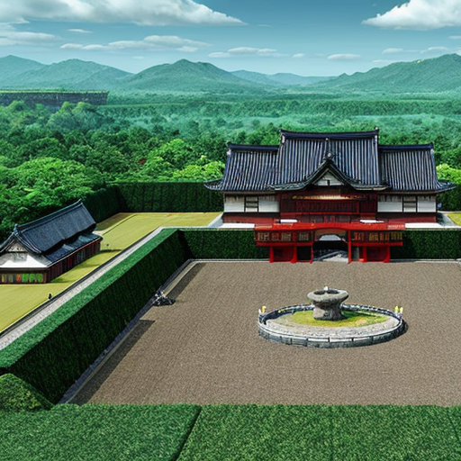 A Japanese Castle with gardens, training grounds, a trading hub, an arena, and an empty yet wide forge-weaving land for creation such as blacksmithing, weaving, alchemy or creating. Fully equipped and absolutely protected, fit for an Emperor who does godlike powers and his empire.