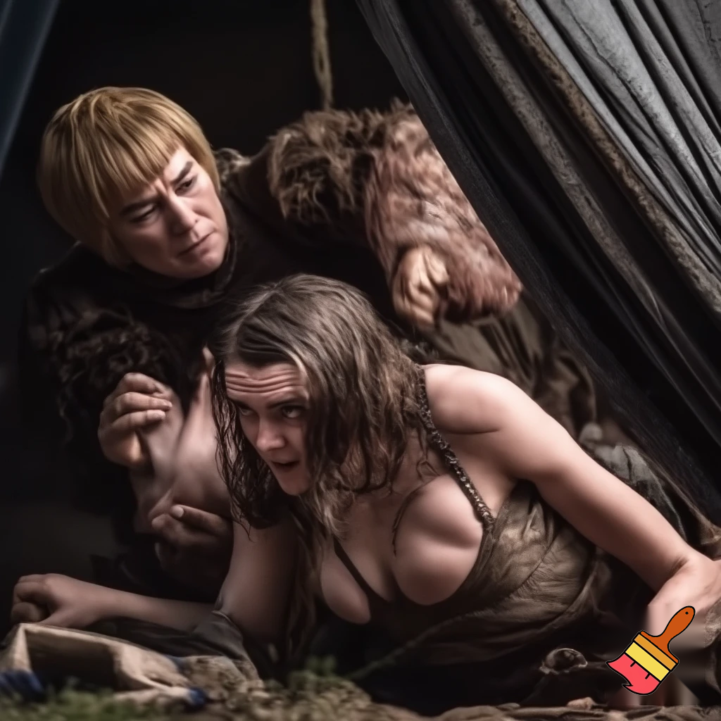 Arya Stark and Cersei Lannister are fighting in a tent. Cersei Lannister is lying on top of Arya , pinning her to the ground. Both are naked and all sweaty.