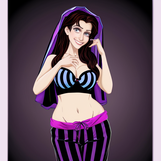 90's disney's 2d aladdin style comic dark blue background and panels of panel 1 the evil queen with purple and black striped harem pants and bra and purple curved slippers with both hand palms place together and hiding the bottom of her mouth with a purple and black striped veil wrapped around her arms and shoulders. 
panel 2 she danced with purple and black striped harem pants barefoot with purple and black striped bra and purple curved slippers and purple and black striped veil wrapped around her arms and shoulders and raising legs and bounced up and down her belly and shook her hips left and right. 
panel 3 as the evil queen  with purple and black striped harem pants and bra and purple curved slippers with purple and black striped veil wrapped around her arms and shoulders then spreading her arms, happily revealing her face to the viewer and giving a smile as she  shook her belly left and right. 
Panel 4 the evil queen  with purple and black striped harem pants and bra and veil wrapped around her shoulders and arms with purple curved slippers started to fading away , except her belly, which is bouncing around. 
Panel 5 then the ball transforms into the fading in belly of shego with rainbow striped harem pants and bra and rainbow veil wrapped around her arms and shoulders and red and pink curved slippers with her swaying her hips. 
Panel 6 shego  with rainbow harem pants and rainbow bra and rainbow veil wrapped around her arms and shoulders and with red and pink curved slippers and with her hand palms place together between her chest and she gives a smile and winking her left eye.  