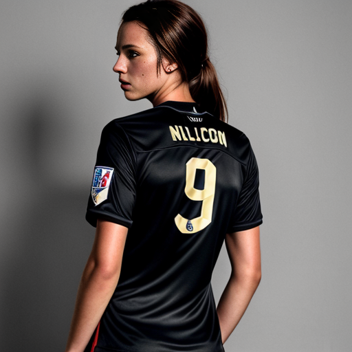 young womans back in a mens black soccer jersey with the name Nicholson in gold on it