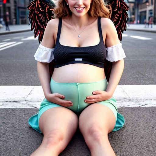 A pregnant fairytale got white wings in crop top and short pants sit down and open her leg on city street
