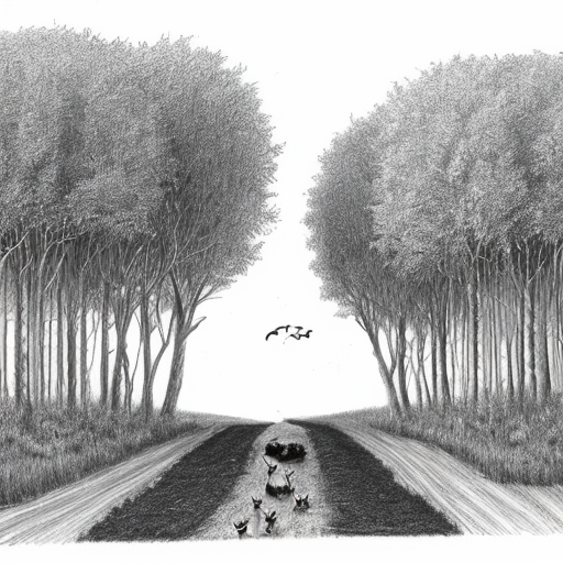 black-and-white illustration, pencil-like, depicting wildlife in a forest, layout vertical