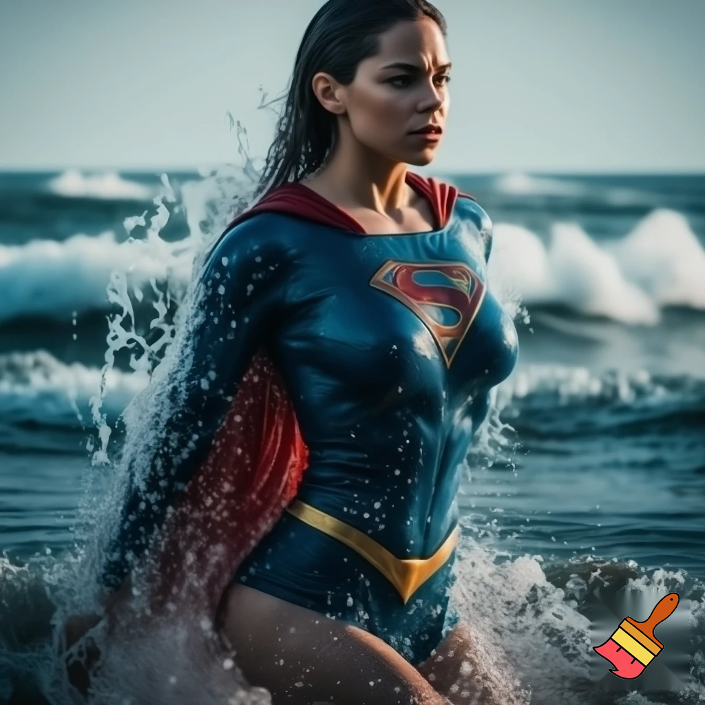 Supergirl right out of the sea in a wet costume 
