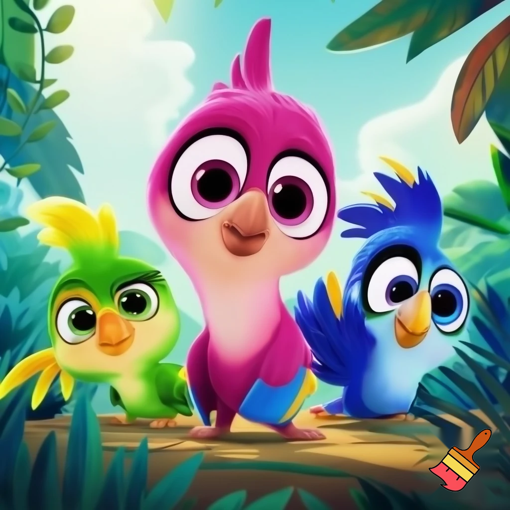 A 2D Cartoon Computer-Animation Poster Shows Three Young Macaws Carla Bia & Tiago