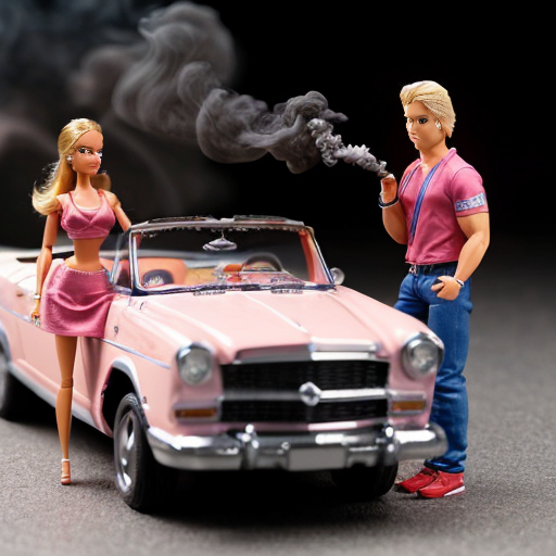 

Case 1 : voiture décapotable rose en panne avec fumée, Ken retrousse ses manches avec confiance devant le moteur, Barbie lève un sourcil sceptique.

