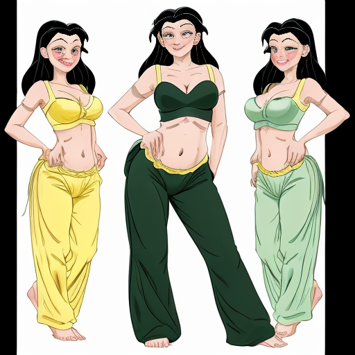 90's disney's 2d aladdin style comic black background and panels of panel 1 tiana with dark green harem pants and bra and curved slippers with both hand palms place together and hiding the bottom of her mouth with a dark green veil wrapped around her arms and attached to her head. 
panel 2 she danced with dark green harem pants barefoot with dark green bra and dark green curved slippers dark green veil wrapped around her arms and shoulders and raising legs and bounced up and down her belly and shook her hips left and right. 
panel 3 as tiana with dark green harem pants and bra and dark green curved slippers and spreading her arms, happily revealing her face to the viewer and giving a smile as she turns around shook her butt left and right. 
Panel 4 as tiana  with dark green harem pants and bra and dark green curved slippers started to fading away , except her belly, which is bouncing around. 
Panel 5 then the ball transforms into the fading in belly of snow white  with yellow harem pants and yellow bra and yellow curved slippers and a yellow veil wrapped around her arms and shoulders with her swaying her hips. 
Panel 6 snow white  with yellow harem pants, yellow bra, yellow curved slippers and yellow veil wrapped around her arms and shoulders gives a smile and winking her left eye 