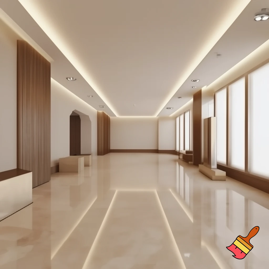 Modern rectangular exhibition hall with an elegant, minimalist design. The space features polished beige marble flooring that softly reflects light, creating a sense of luxury and spaciousness. The walls are smooth and painted in neutral tones, accented with natural wood details on columns, baseboards, and decorative panels. Warm lighting from recessed ceiling fixtures and spotlights highlights the displayed pieces. Large windows allow natural light to fill the room. Contemporary furniture with clean lines and high-quality materials creates a sophisticated, serene, and welcoming atmosphere.