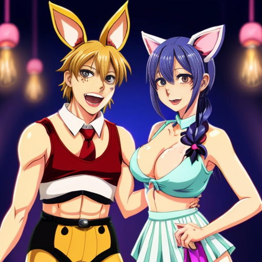 Show me what would happen if a boyfriend and girlfriend "Friday night funkin" were captured by female animatronics fnaf 2 , who then decided to make the boyfriend a girl (change his gender and appearance) and put the girl (boyfriend gender) in a cute sexy bunny animatronic costume, and the wife girlfriend in a female animatronic cat costume. Both died in agony. ( Blood ) How would the spirit of the girl (boyfriend gender) and his wife (girlfriend) react afterward? The boyfriend is gender (fnf) and looks like a bunny girl in spirit.