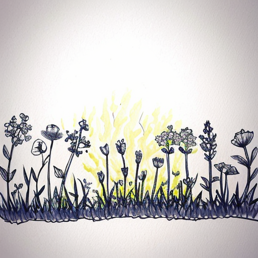 A sketch of multiple wildflowers  in a row. Black and white, simple and hand drawn