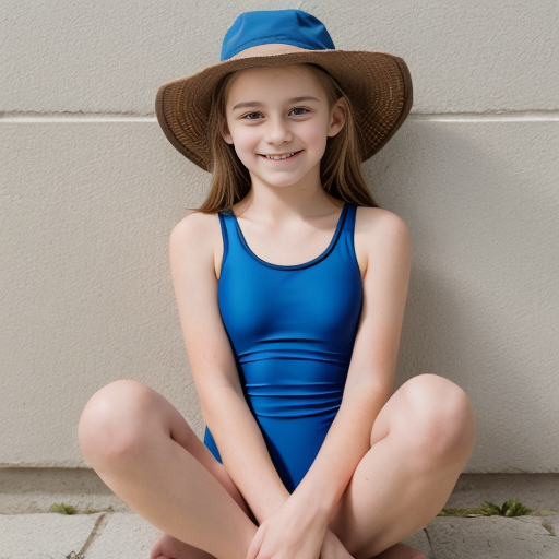 Una ragazza di 11 anni bella con capelli a caschetto lisci di color castano lunghi fino al collo, indossa un costume da bagno di colore azzurro. La ragazza è seduta a terra, ed è appoggiata con la schiena su un muro con le ginocchia piegate e le braccia appoggiate sulle gambe. La ragazza guarda la telecamera con sguardo sereno e felice. Telecamera vista frontale. Immagine di alta qualità. Risoluzione 4K.

