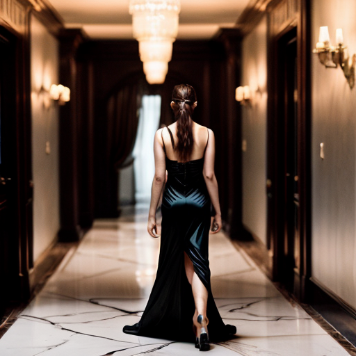 cinematic luxury advertisement, dark elegant hallway interior, marble floor reflecting faint light, sophisticated woman in black evening dress walking forward, long dark hair, confident posture, focus on her right hand wearing a delicate diamond ring glowing softly, the ring is the only light source illuminating part of the hallway, dramatic shadows, high-end jewelry commercial style, photorealistic, shallow depth of field, 85mm lens, luxury fashion cinematography, moody black and gold color palette