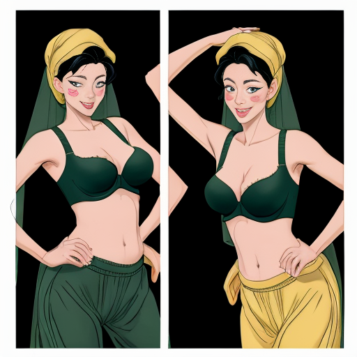 90's disney's 2d aladdin style comic black background and panels of panel 1 tiana with dark green harem pants and bra and curved slippers with both hand palms place together and hiding the bottom of her mouth with a dark green veil wrapped around her arms and attached to her head. 
panel 2 she danced with dark green harem pants barefoot with dark green bra and dark green curved slippers dark green veil wrapped around her arms and shoulders and raising legs and bounced up and down her belly and shook her hips left and right. 
panel 3 as tiana with dark green harem pants and bra and dark green curved slippers and spreading her arms, happily revealing her face to the viewer and giving a smile as she turns around shook her butt left and right. 
Panel 4 as tiana  with dark green harem pants and bra and dark green curved slippers started to fading away , except her belly, which is bouncing around. 
Panel 5 then the ball transforms into the fading in belly of snow white  with yellow harem pants and yellow bra and yellow curved slippers and a yellow veil wrapped around her arms and shoulders with her swaying her hips. 
Panel 6 snow white  with yellow harem pants, yellow bra, yellow curved slippers and yellow veil wrapped around her arms and shoulders gives a smile and winking her left eye 