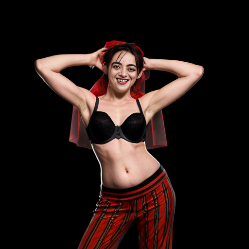 90's disney's 2d aladdin style comic black background and panels of 
panel 1 Harley Quinn with light black and red striped harem pants and bra and black and red curved slippers with both hand palms place together and hiding the bottom of her mouth with a light black and red striped veil wrapped around her arms and shoulders. 
panel 2 she danced with light black and red striped harem pants with light black and red striped bra and red and black curved slippers and with light black and red striped veil wrapped around her arms and shoulders and raising legs and bounced up and down her belly and shook her hips left and right. 
panel 3 as Harley Quinn with light black and red striped harem pants and bra and red and black curved slippers and with red and light black striped veil wrapped around her shoulders and arms and spreading her arms, happily revealing her face to the viewer and giving a smile as she shook her belly left and right. 
Panel 4 Harley Quinn with light black and red striped harem pants and bra and black and red curved slippers and with light black and red striped veil wrapped around her shoulders and arms has started to fading away , except her belly, which is bouncing around and growing. 
Panel 5 then the ball transforms into the fading in belly of Giant red haired giganta barefoot with dark yellow spotted yellow harem pants and bra and dark yellow spotted yellow veil wrapped around her arms and shoulders with her swaying her hips. 
Panel 6 red haired giganta barefoot with dark yellow spotted yellow harem pants and bra and dark yellow spotted yellow veil wrapped around her arms and shoulders then she is flexing her muscled arms 