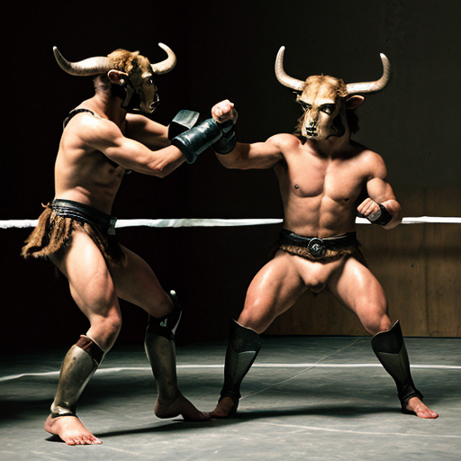 Minotaur fighting men in armor

