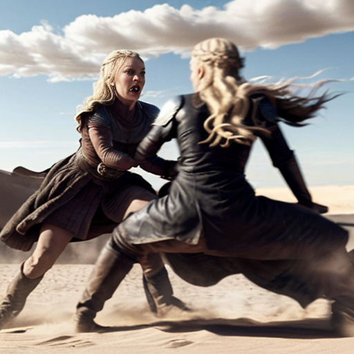 Daenerys Targaryen and Cersei Lannister fighting in the desert , Cersei Lannister is under Daenerys and losing. Both are naked and all sweaty 
