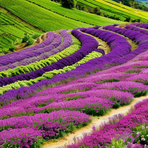 Hills of  purple and green fields and pink and purple flowers




