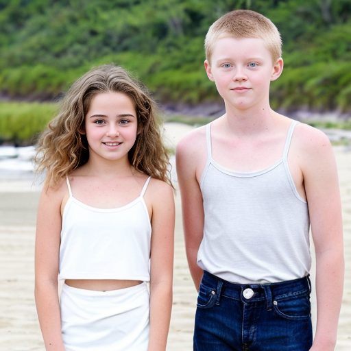 A girl who is 16 with brunette hair with lighter highlights and she has beach curls .she also has brown eyes  She is wearing a white mini dress with thin straps. There is her brother a 14 year old boy the same height as her and he has curly brunett hair and brown eyes. He is wearing a white shirt and blue jeans. There is another girl who is 10 and she is wearing a pink tank top with a white mini skirt she also has blonde hair and blue eyes .she is shorter than both of the other people.They are all siblings. Also make it look like a realistic photo