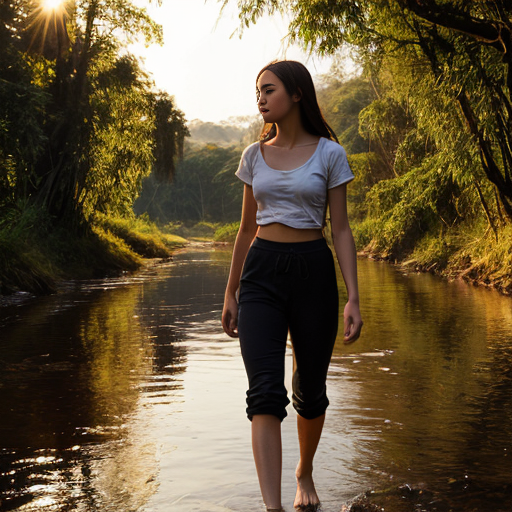 “Teen girl dressing pants in Amazon dawn, teen girl walking beside a river, warm golden light.