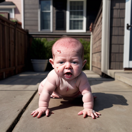 Baby crawler MUTANT DEFORMED grotesque EXPIREMENT UGLY GROSS DISGUSTING OUTSIDE SURROUNDING A HOUSE