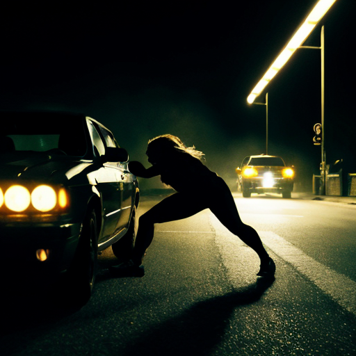 A dramatic action scene at night. A young woman lunges forward, pushing a man out of the path of an oncoming car. The car speeds past with motion blur and bright headlights cutting through the darkness. The woman’s expression is intense and determined, the man shocked mid-fall. The glowing vintage watch in her hand has just gone dark. Strong cinematic lighting, high contrast, dynamic motion, emotional intensity, ultra-realistic, 4K, film still, dramatic shadows.