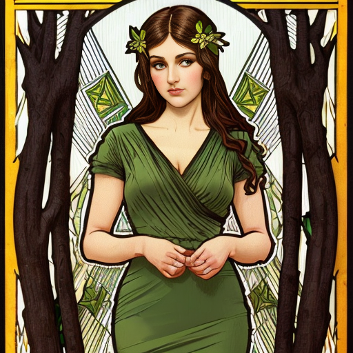40 year old attractive olive skinned woman with the legs of a deer with hooves instead of human legs, yellow eye color with horizontal rectangular pupils,black mascara, green slightly sheer dress, forest setting mucha art style