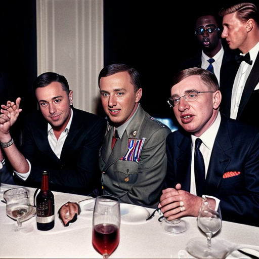 Jeffery epstein, Adolf hitler, sean diddy combs, stephen hawking, charlie kirk and donald trump having party at mansion. realistic and make them look right
