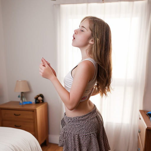 ultrarealistic teen girl, at her room, on four legs, backview, blonde, lookds at camera, pulling down, sideview,, shows tongue, 
