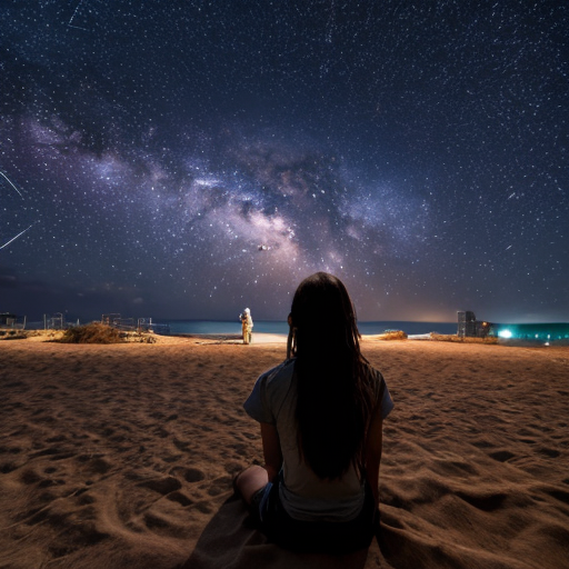 A girl amidst the sand, with the sea before her, gazing at the stars
