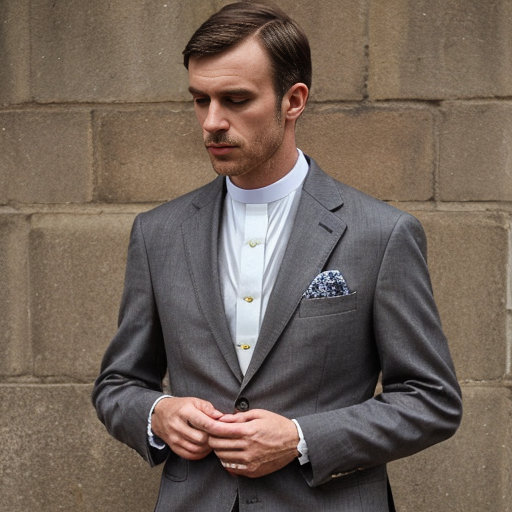 Grey suit, worn over band collar shirt, with anglican tippet