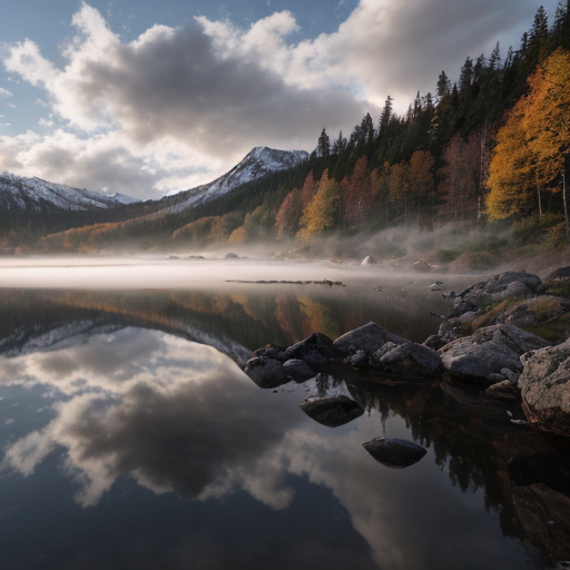 A breathtaking 4K ultra-high-definition landscape wallpaper, photorealistic, shot with a 50mm lens at golden hour. A serene mountain lake reflecting snow-capped peaks and vibrant autumn forests, mist rising gently from the water, soft sunlight breaking through clouds, rich textures in rocks and foliage, cinematic lighting, extremely detailed, sharp focus, no watermark, 16:9 aspect ratio.