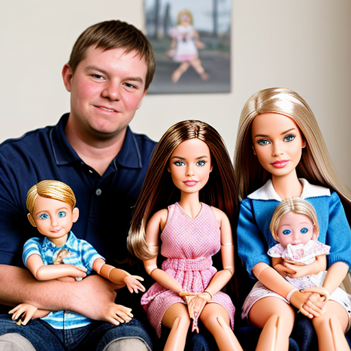 make a family photo of 3 with a 3 year old barbie and a 15 year old ken with there dad