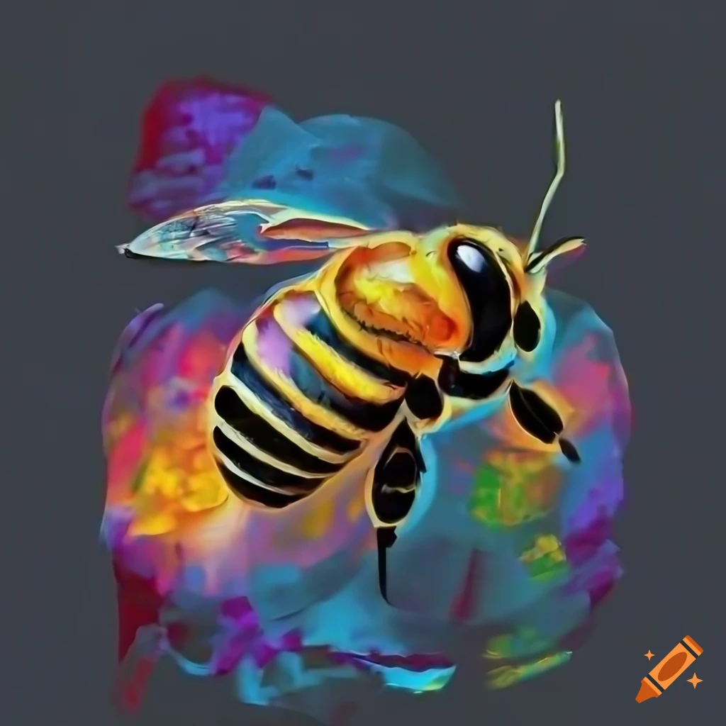 close up of a bee on honeycomb with honey, realistic dark background, studio, illustration 3d digital design art style