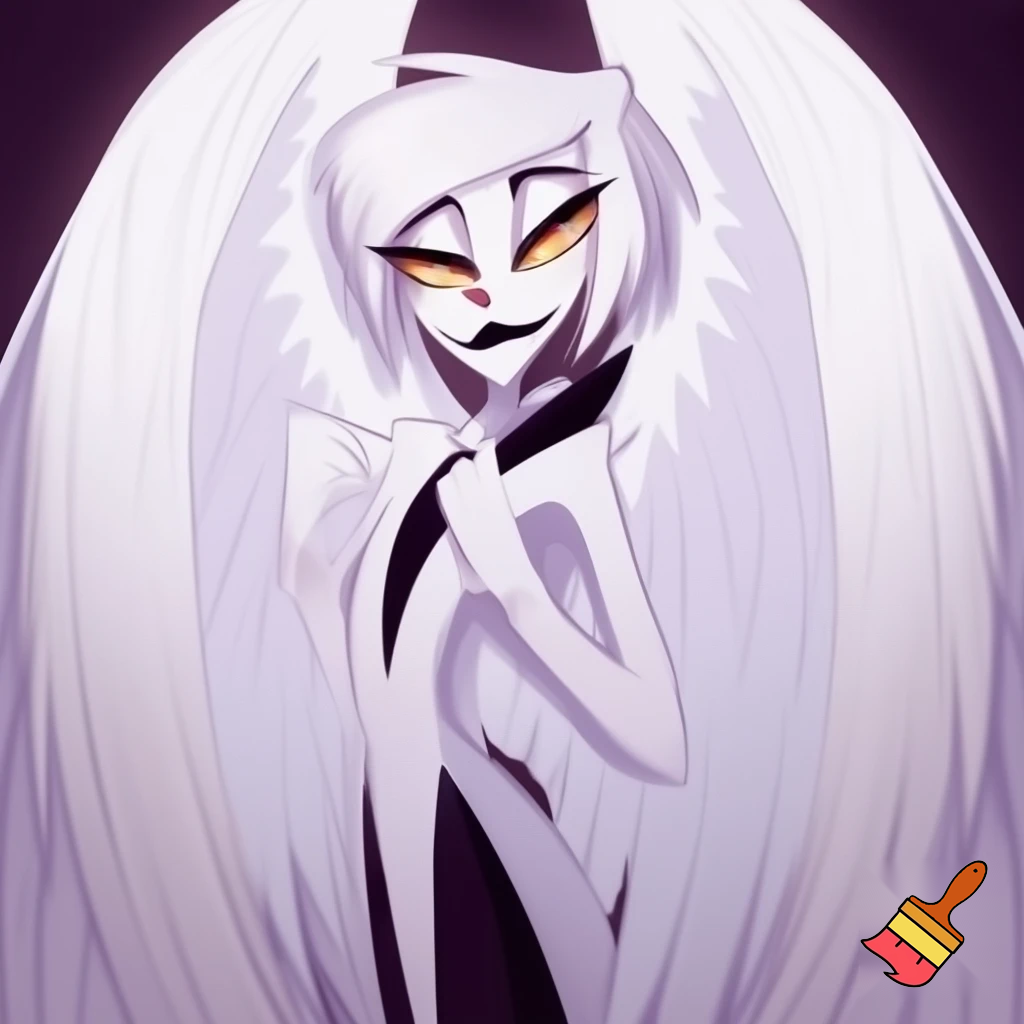 A Male humanoid white-skinned angel with pale yellow-golden eyes, black lips, and short pale white hair that has been cut into an asymmetrical bob cut with an undercut. He has a kind face, wears different clothing, and white wings. Full Body from the head-to-the feet. Hazbin Hotel Animation.