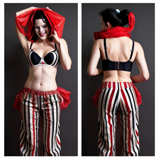 90's disney's 2d aladdin style comic dark blue background and panels of panel 1 a black and red striped cobra slithering then it hears music while it's hood is up which triggers the loop of it's body. 
Panel 2 and eventually the black and red striped cobra transforms into Harley Quinn barefoot with black and red striped harem pants and bra and veil wrapped around her arms and shoulders. 
Panel 3 Harley Quinn barefoot with black and red striped harem pants and bra and veil wrapped around her arms and shoulders with both hand palms place together and hiding the bottom of her mouth, 
panel 4 she danced barefoot with black and red striped harem pants and bra veil wrapped around her arms and shoulders and raising legs and bounced up and down her belly and shook her hips left and right. panel 5 as Harley Quinn barefoot with light black and red striped harem pants and bra and veil wrapped around her arms and shoulders spreading her arms, happily revealing her face to the viewer and giving a smile as she turns around swaying her big butt left and right. 
Panel 6 as Harley Quinn barefoot with black and red striped harem pants and bra and veil wrapped around her arms and shoulders did she faded away except her big butt. 