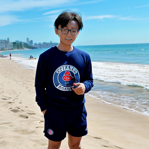 detective conan conan avec un mayo et un short du PSG a la plage