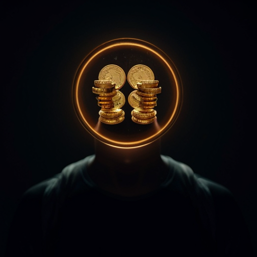 Faceless human silhouette thinking with glowing coins and abstract brain floating around, dark cinematic background, minimalistic style, mysterious and futuristic vibe, high resolution, cinematic lighting, centered composition, professional look