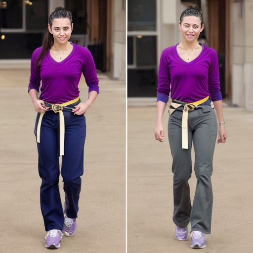 Generate a real life version of Aviva is a slender, young Hispanic woman in her 20s and above average height; she has long and bushy, armpit-length brown hair that she always ties back in a low ponytail, green eyes (with a slight grayish tinge), and tan skin. She usually wears a V-neck purple shirt and a yellow collared jacket with a blue stripe running down both of the sleeves, her pants are blue bell bottoms held by a black slim belt with a grey bolt on it, worn crookedly around her waist, and purple and white low-top sneakers.