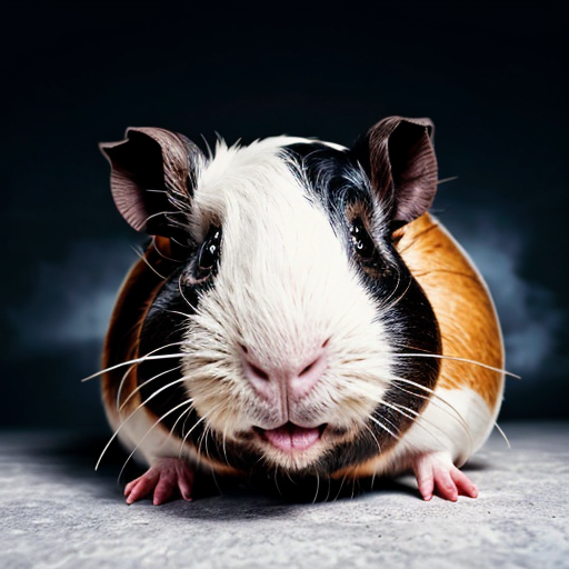 teddy the guinea pig is round in an epic pose with Elbrus on its back as part of its body, with blue neon eyes and atomic breath in the clouds and thunderstorm, with cinematic lighting for drama