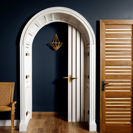 Dark blue wall with mdf arch With subtle details in gold and wooden slats under the arch and painted dark blue